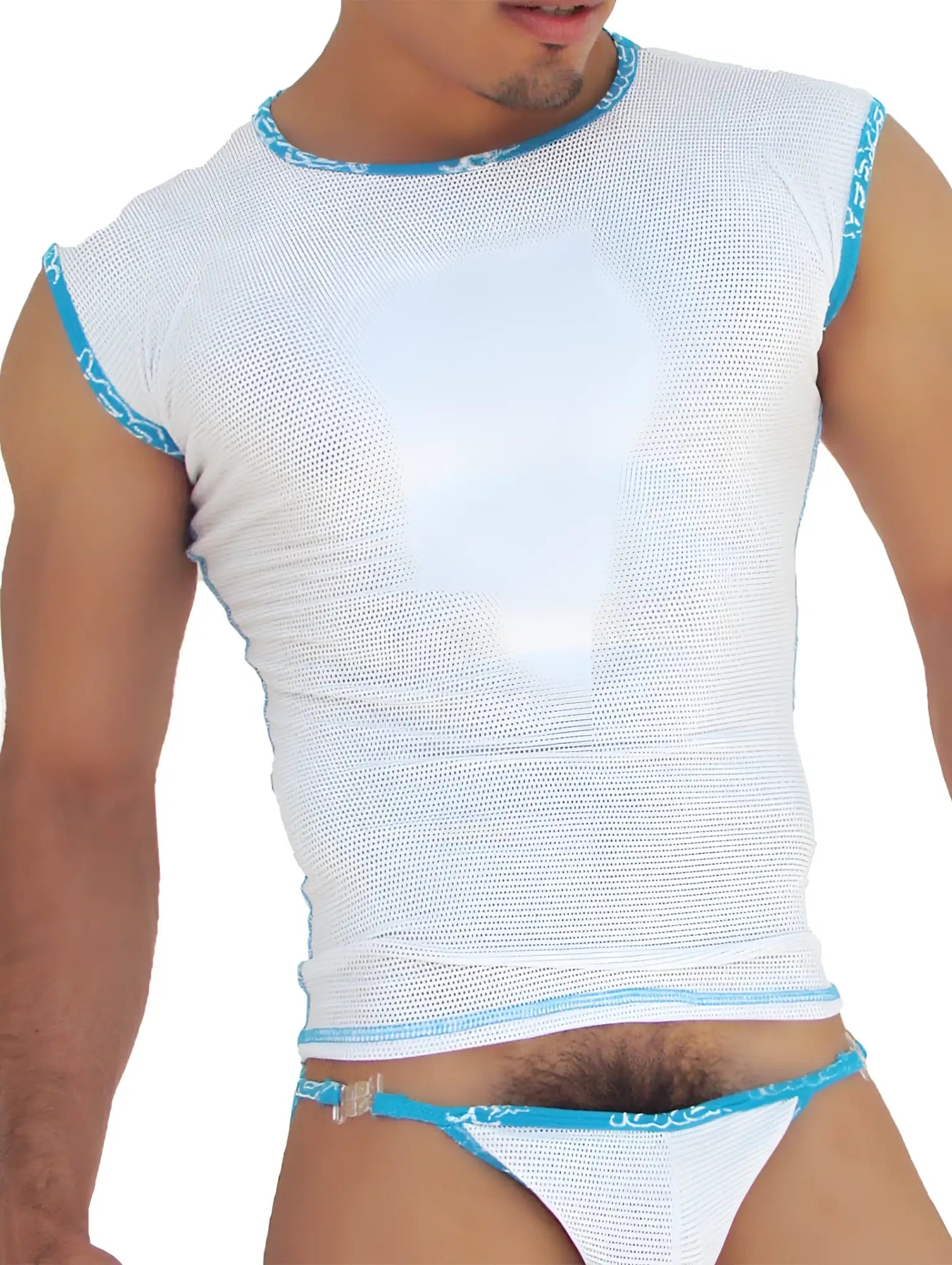 White mesh sleeveless muscle top by icker sea with blue trim and patterned detailing on neckline armholes and hem