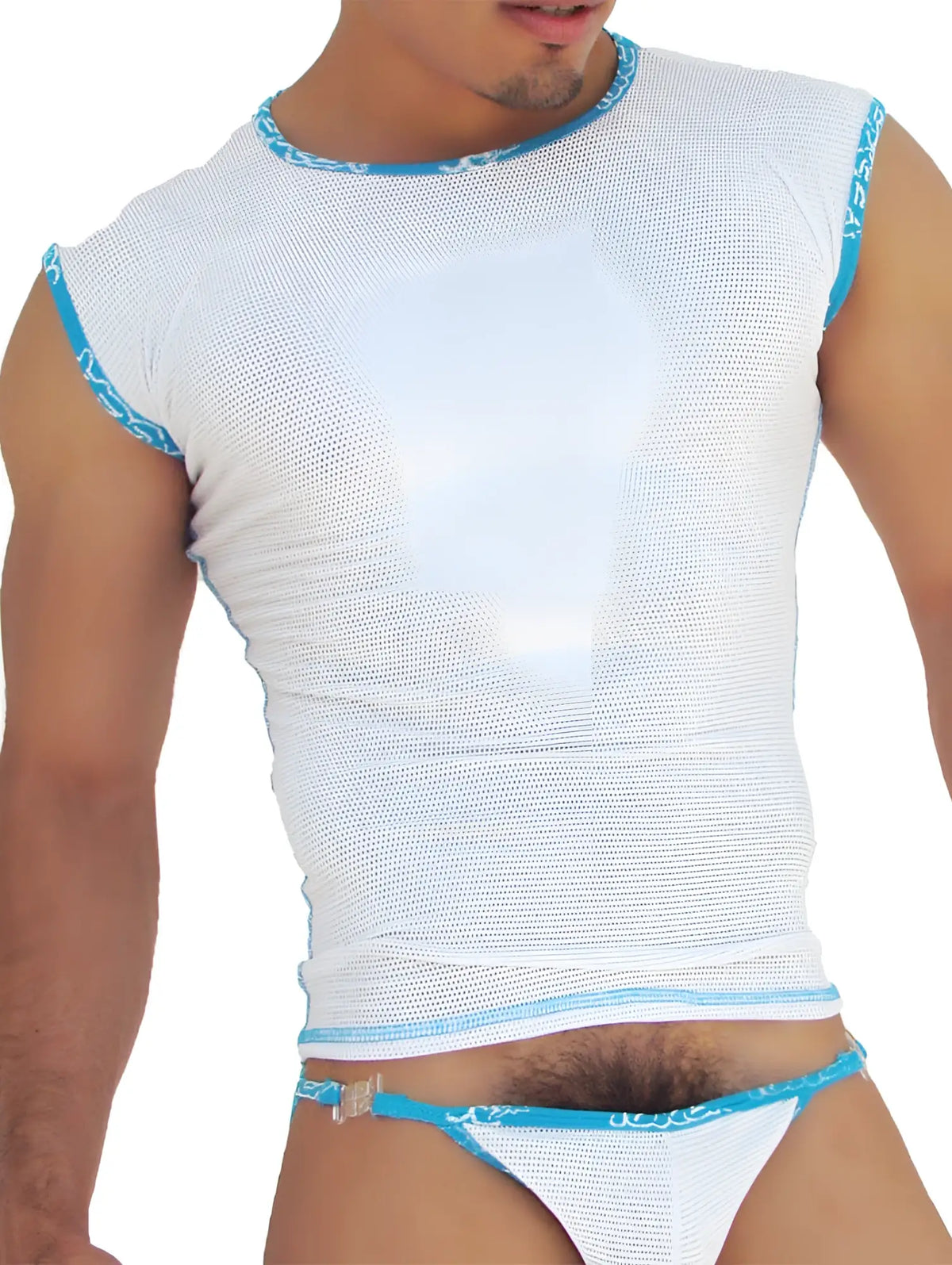 White mesh sleeveless muscle top by icker sea with blue trim and patterned detailing on neckline armholes and hem