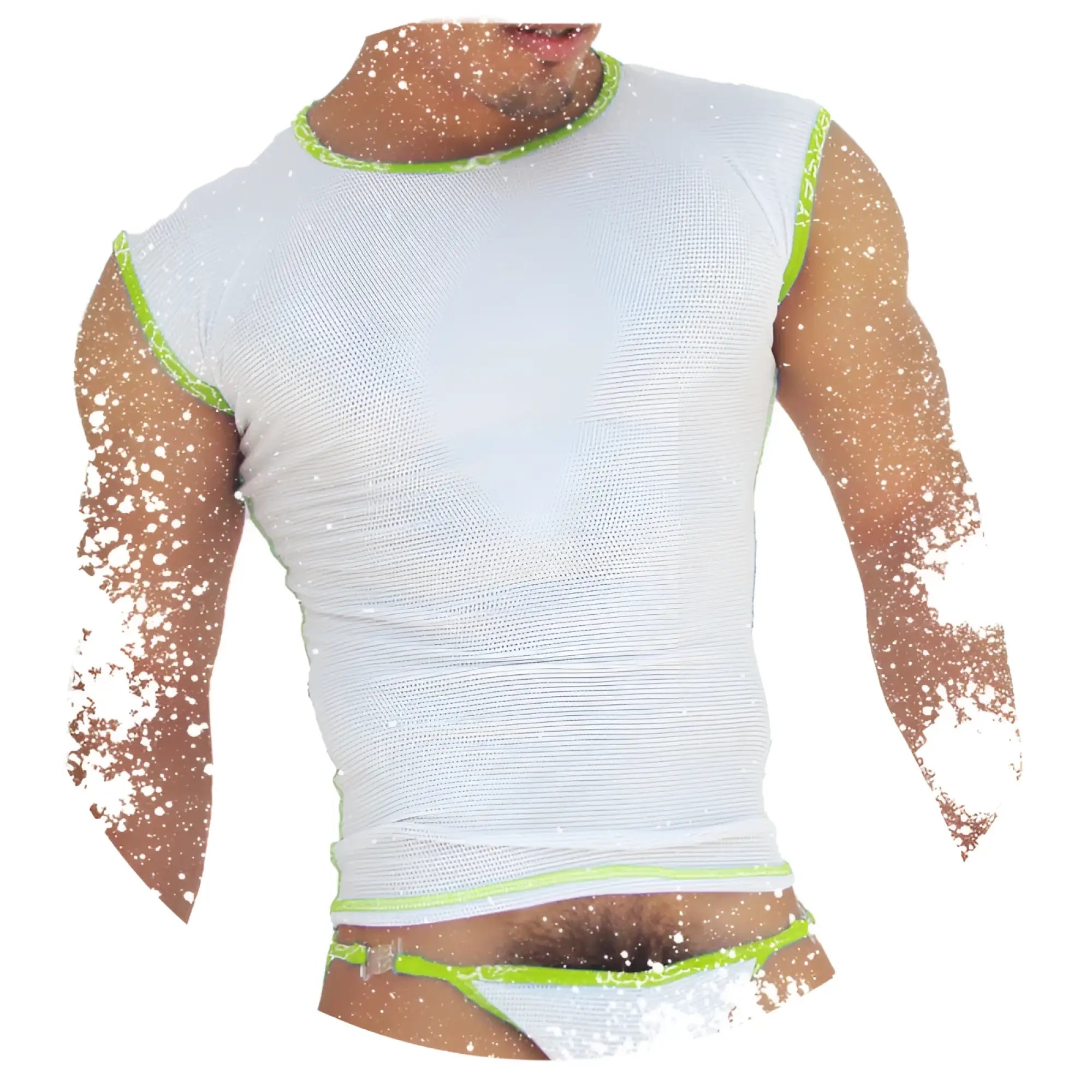 Icker Sea Fresh Dots logo trim muscle top in white mesh with neon green trim for breathable activewear