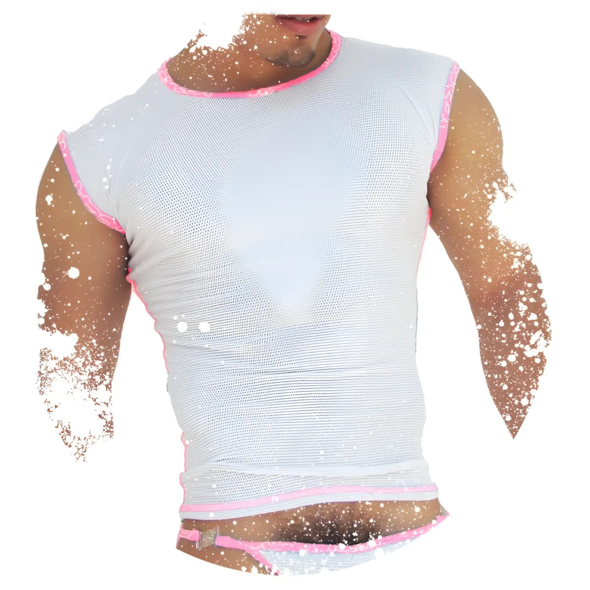 Icker sea fresh dots logo trim muscle top t shirt in white mesh with pink trim along neckline armholes and hem