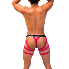 Icker Sea garter y back g string underwear in bright pink with black polka dot waistband shown from the back