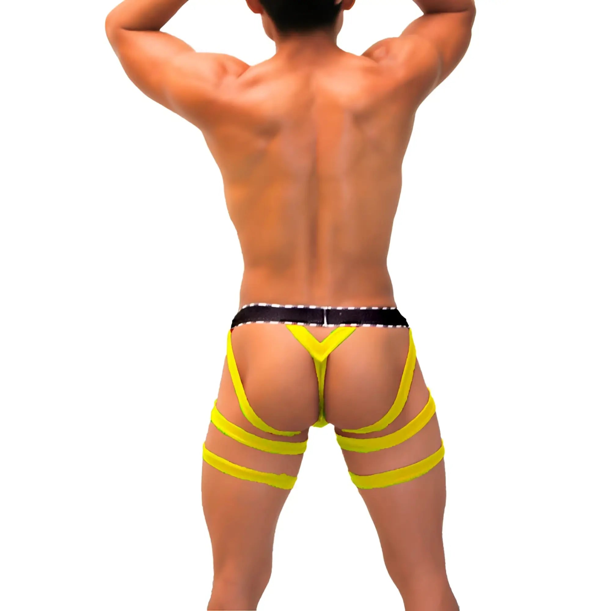 Icker Sea garter y back g string underwear in bright yellow with black polka dot waistband shown from the back