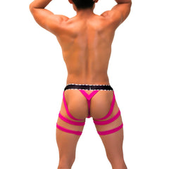 Icker Sea garter y back g string underwear in bright pink strappy harness style with black white stitched waistband