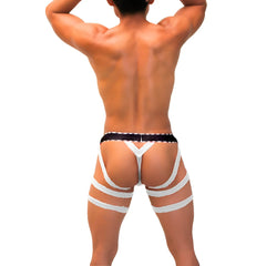 White strappy thong garter y back g string underwear with black waistband and white hip and thigh straps back view