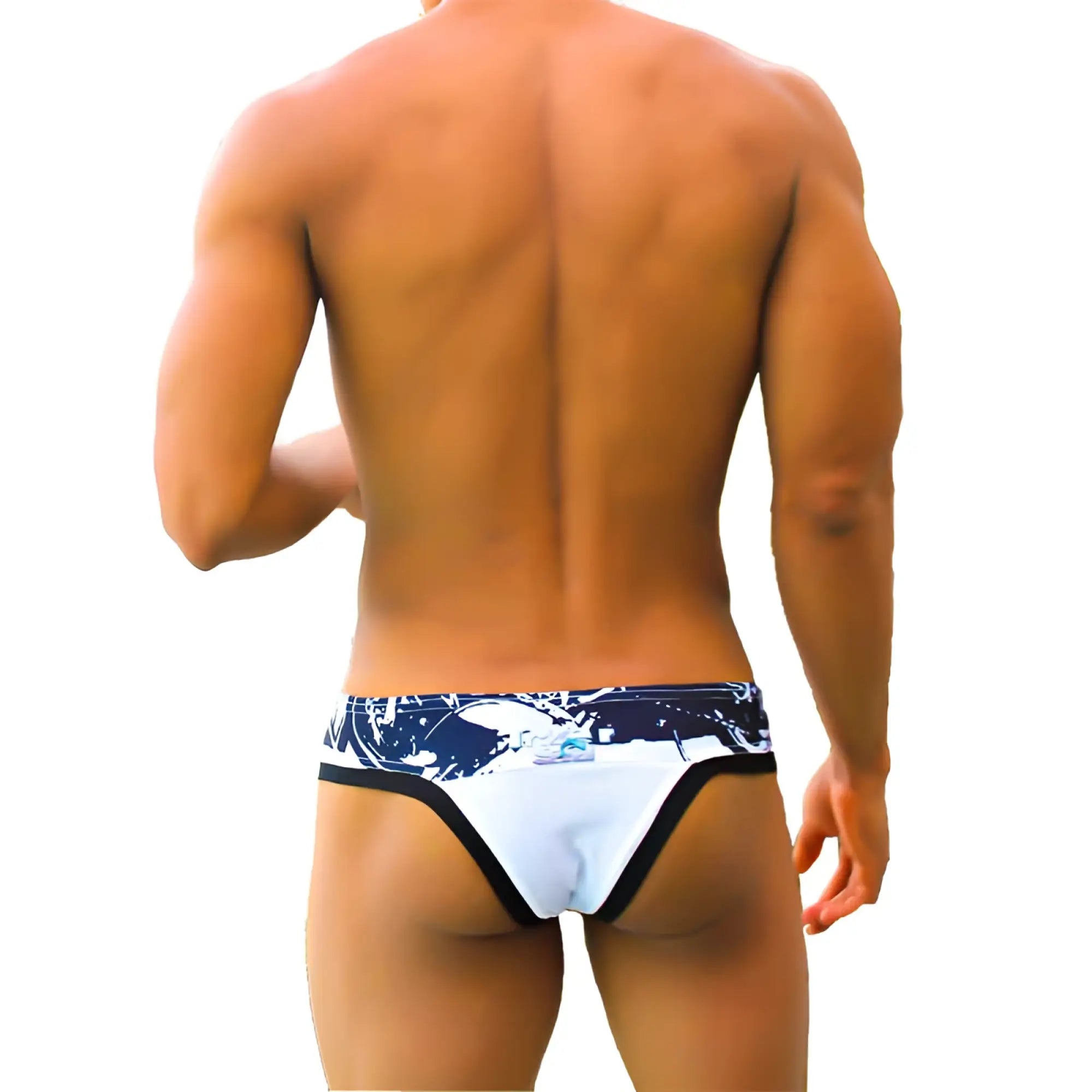 Icker sea graffiti macro contrast trim thong swimwear in white and black with a white and navy blue patterned design