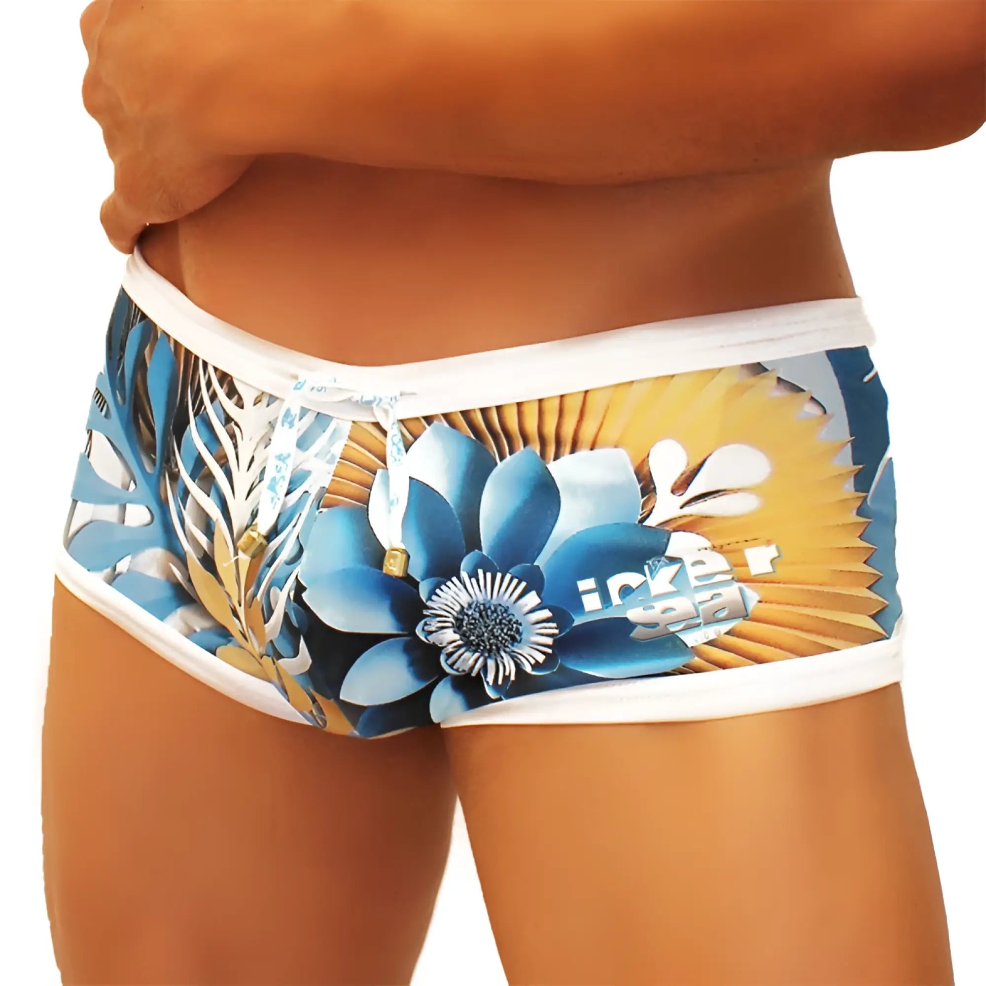 Icker Sea Greek floral mesh side square cut trunk swimwear in blue and gold tropical floral pattern with white trim