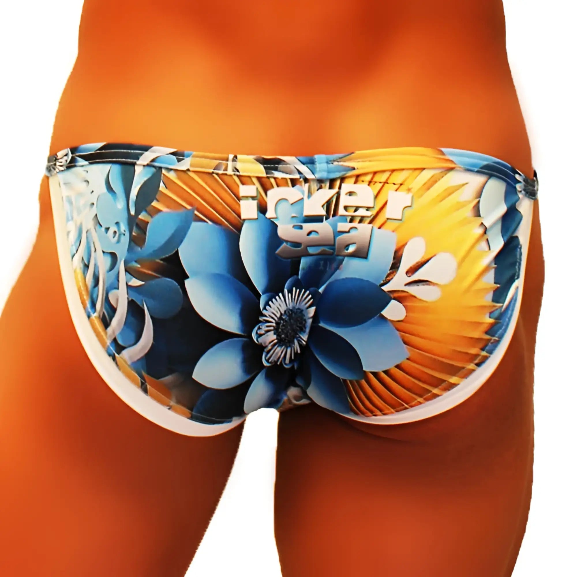 Blue and orange floral patterned men’s swim trunks with inner sea branding from icker sea greek floral micro slip bikini swimwear