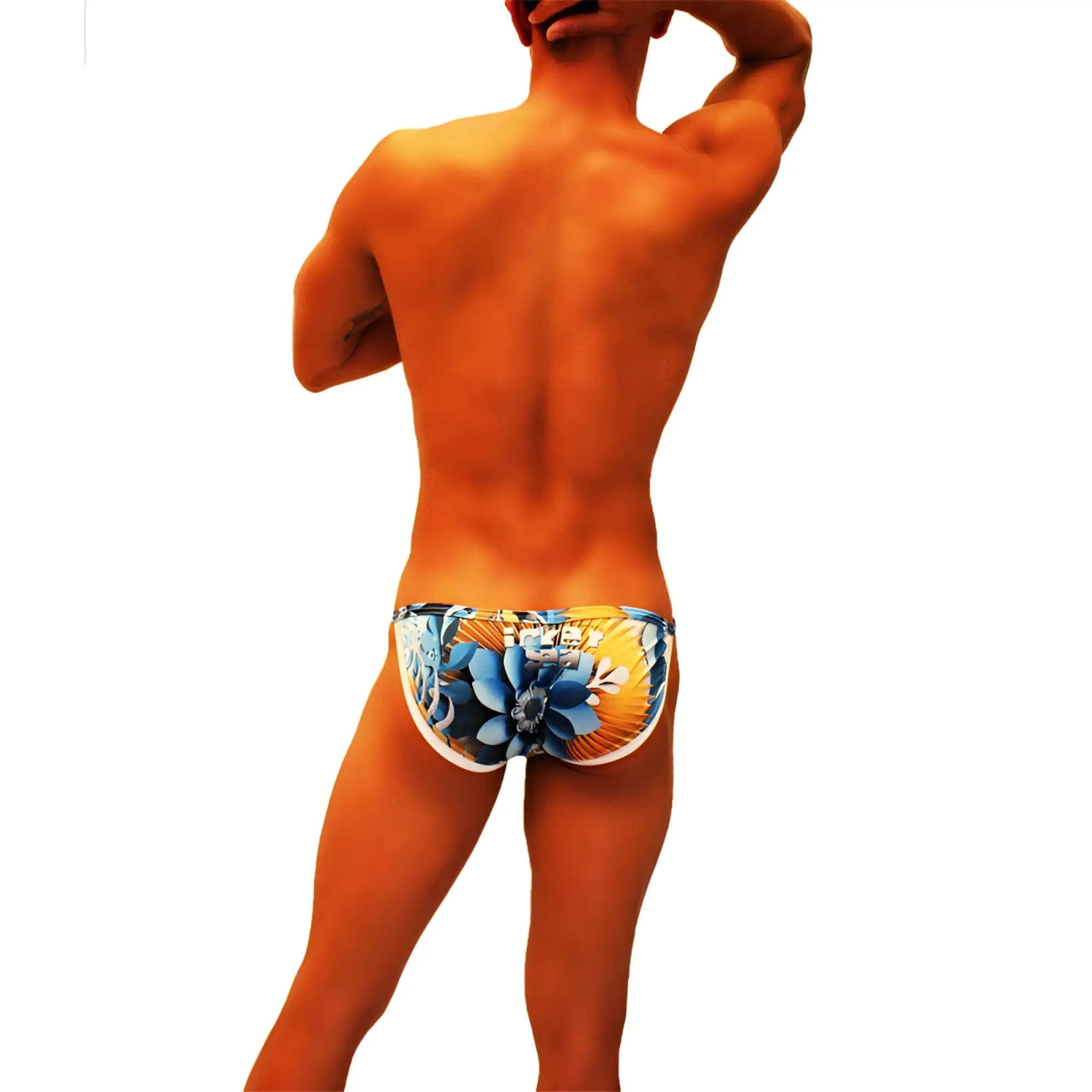Vibrant blue and yellow floral-patterned microfiber swim trunks with white trim from Icker Sea Greek Floral Micro Slip Bikini swimwear