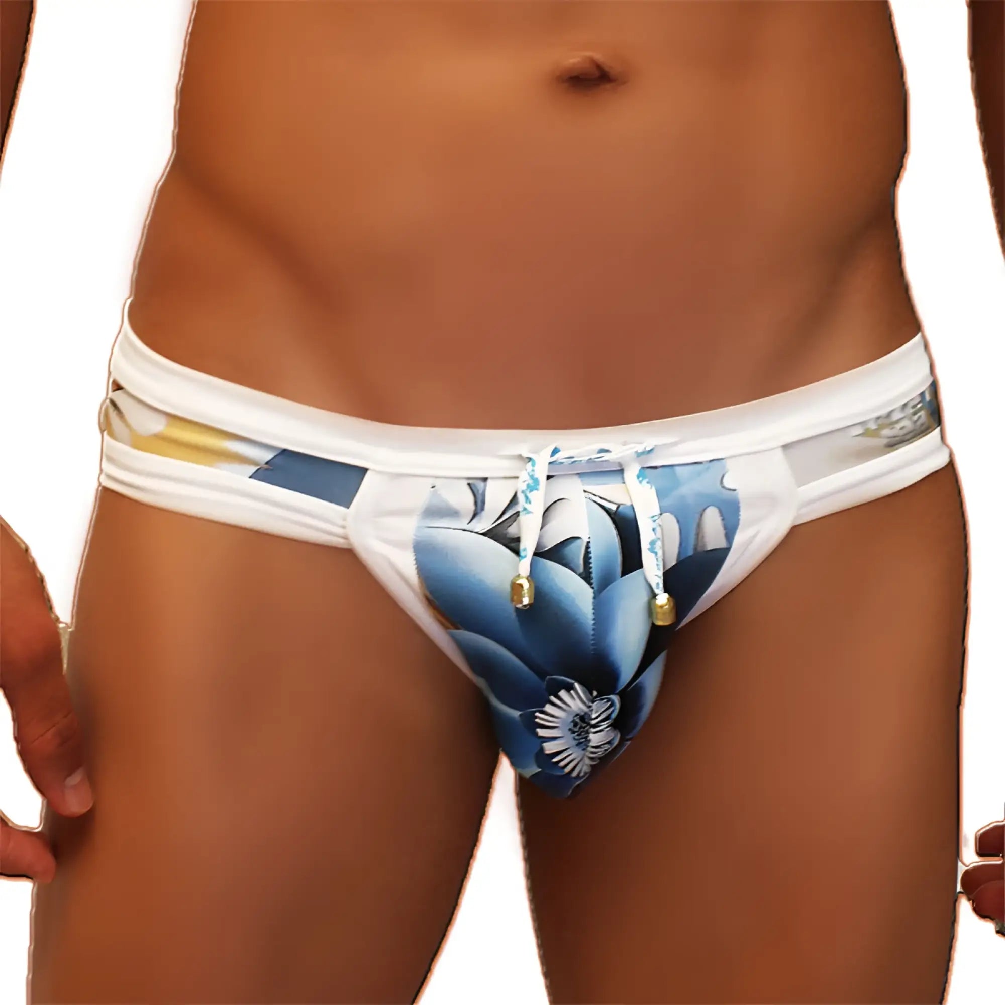 White swim trunks with bold blue floral pattern and gold-toned drawstring hardware from icker sea mini bikini swimwear