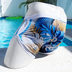 Icker Sea blue and gold tropical leaf-patterned swim trunks with white elastic waistband for swimwear COB-19-01