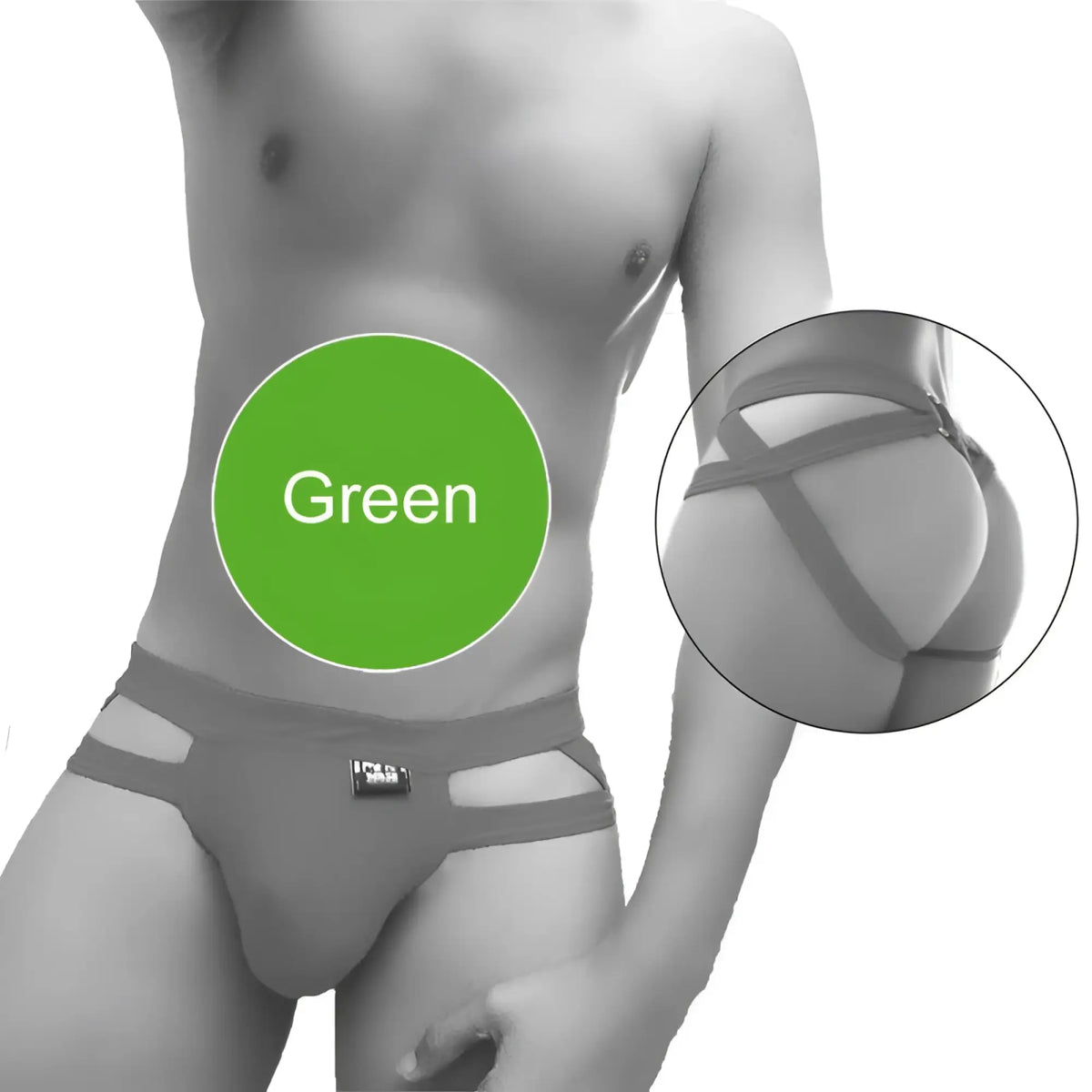 Green icker sea hoops jock string underwear with supportive strappy design and small brand tag at waistband