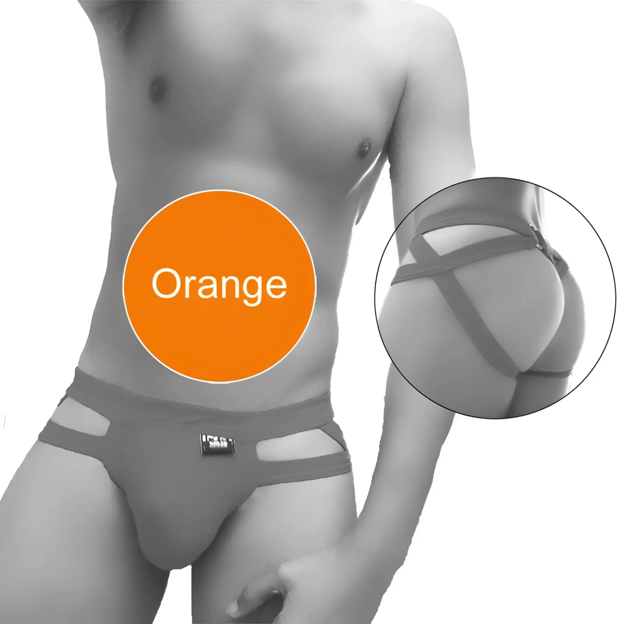 Gray Icker Sea Hoops jock string underwear with orange circular label on front designed for athletic use