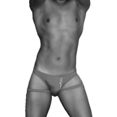 Black and white digital rendering of a man wearing blue icker sea jock thong underwear with thin side straps front view