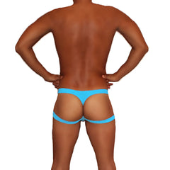 Bright blue icker sea jock thong underwear with form-fitting fabric and distinctive back-strap design shown from back side
