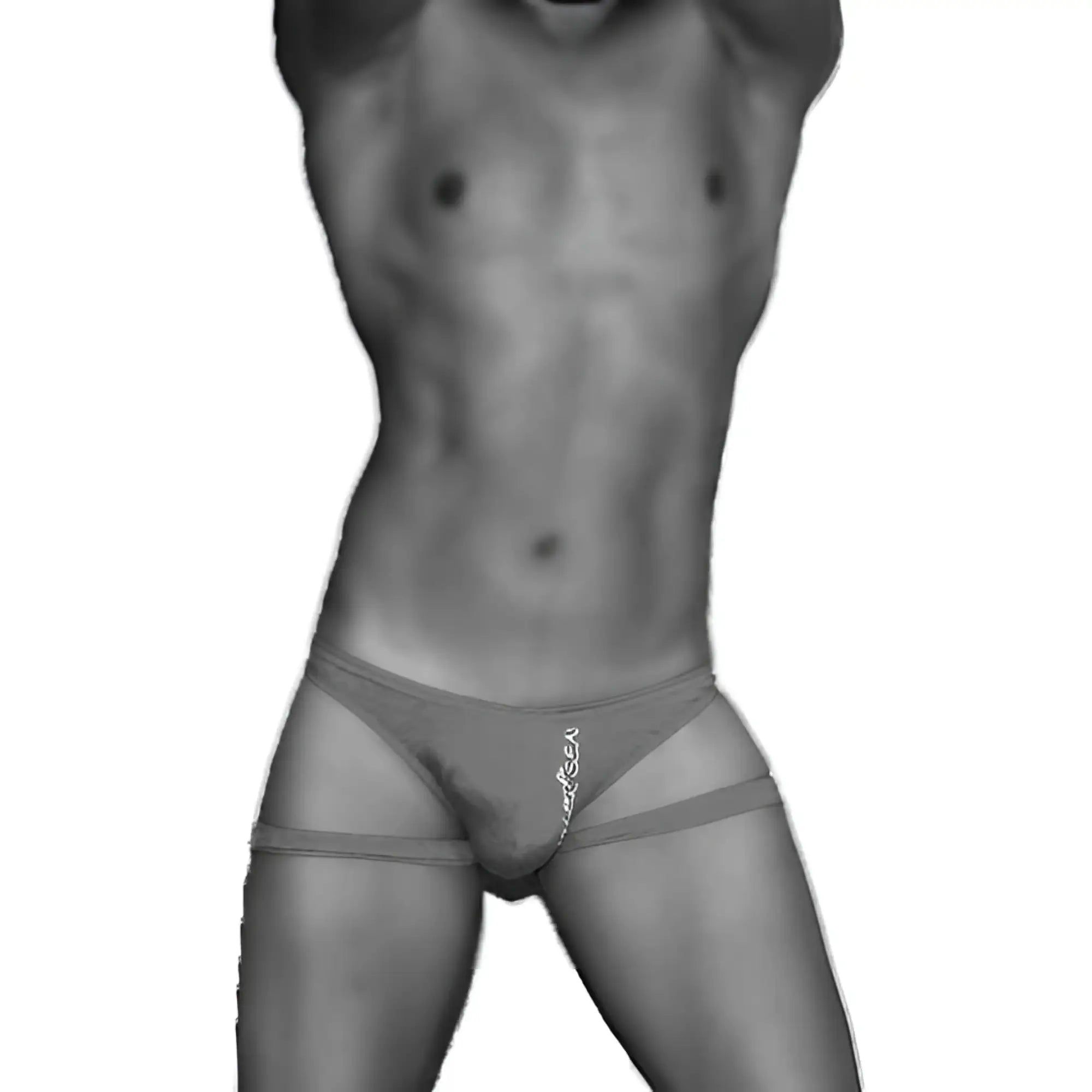 Black and white digital rendering of a man wearing mango icker sea jock thong jock strap underwear from back side