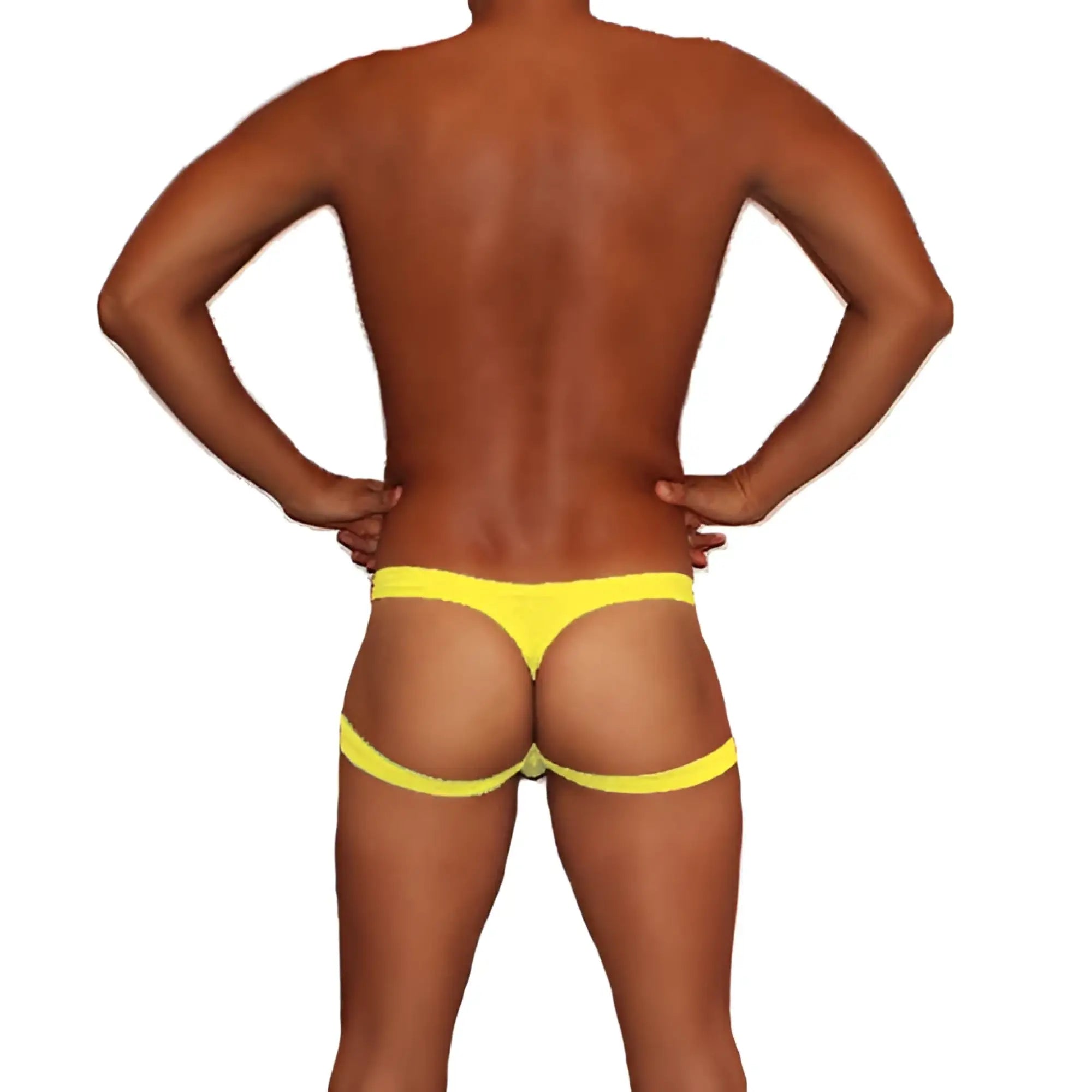 Bright yellow low-rise thong jock strap underwear with wide waistband and leg straps mango by icker sea