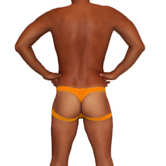 Orange icker sea jock thong underwear with a wide supportive band around the hips shown from the back