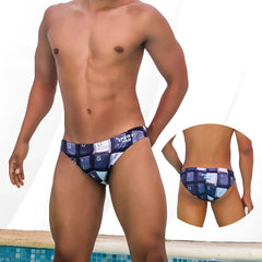 Men’s swim trunks featuring a vibrant blue and white keyboard key pattern from icker sea keyboard bikini swimwear cob 22 10
