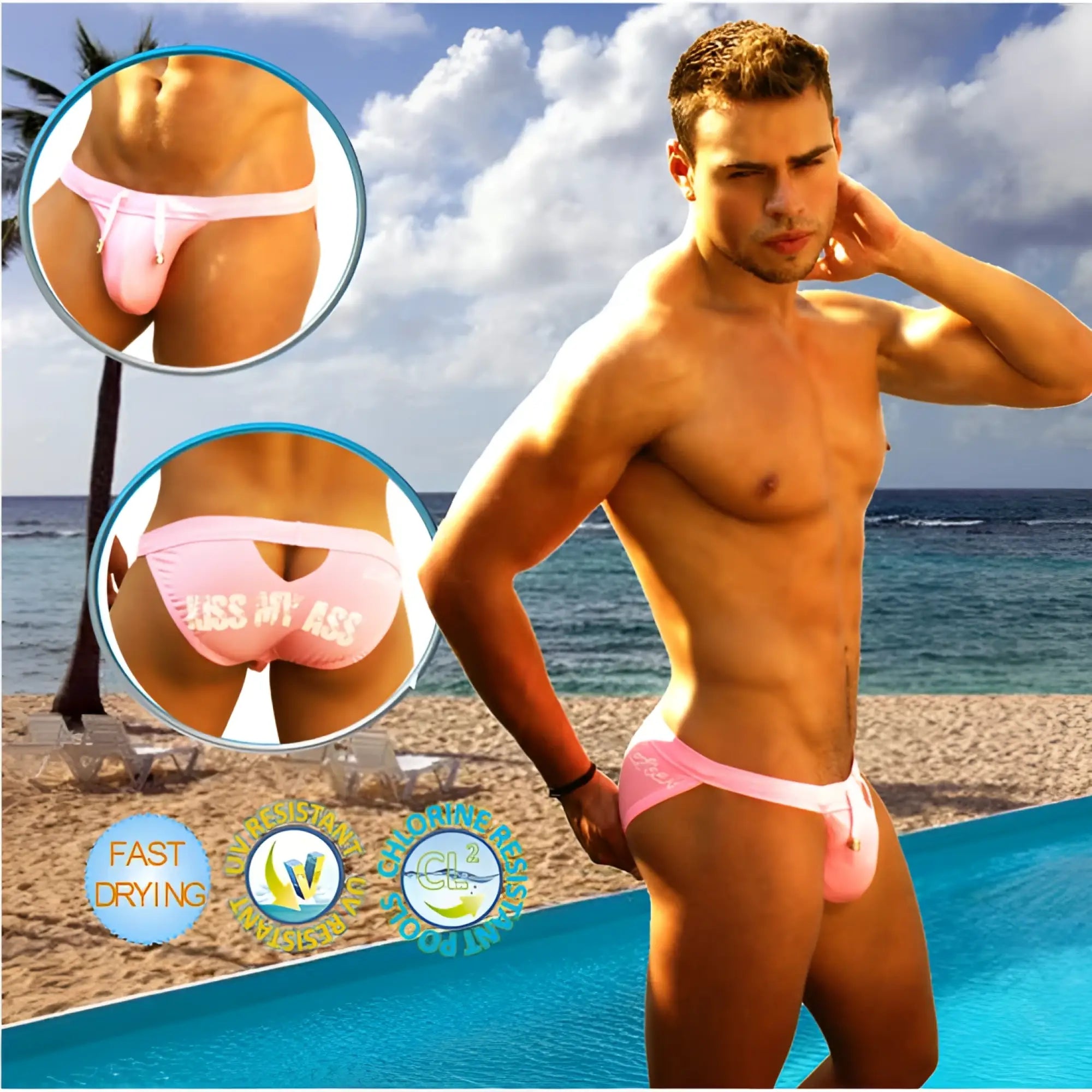 Back view of pink icker sea kiss my ass back cut out slip bikini swimwear men’s swim trunks with cheeky graphic
