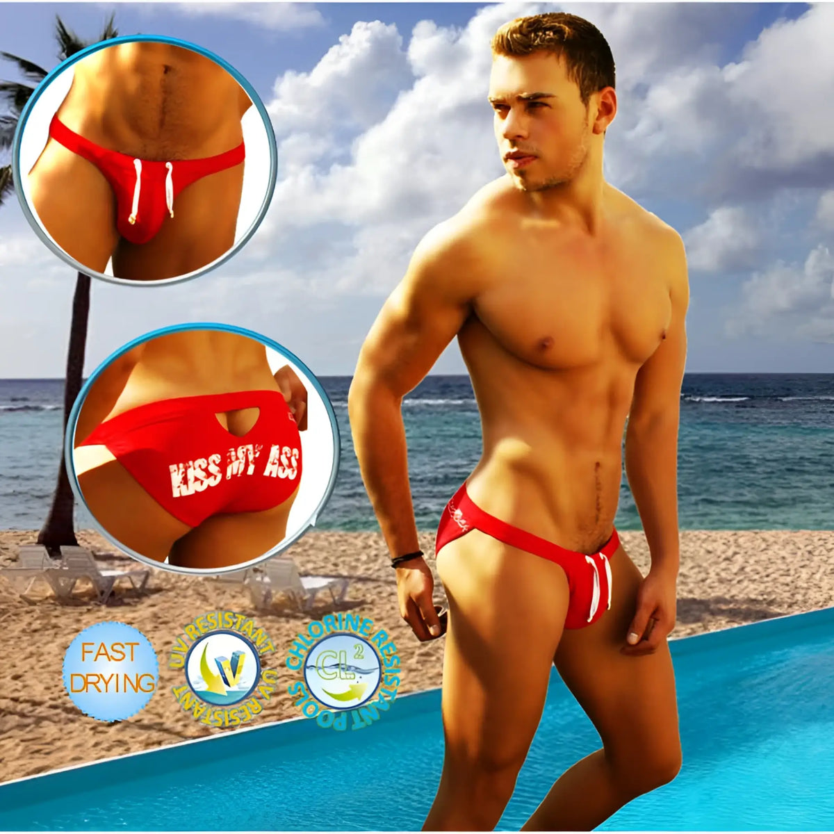 Red icker sea swim trunks with white drawstrings and kiss my ass graphic on the back side for beachwear