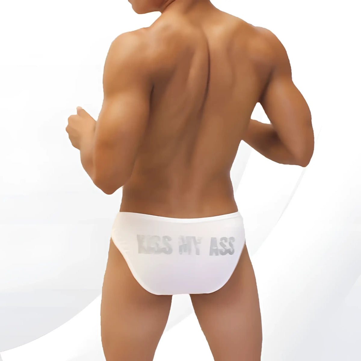White briefs bikini underwear with silver kiss my ass text on the back by icker sea model coi-22-08