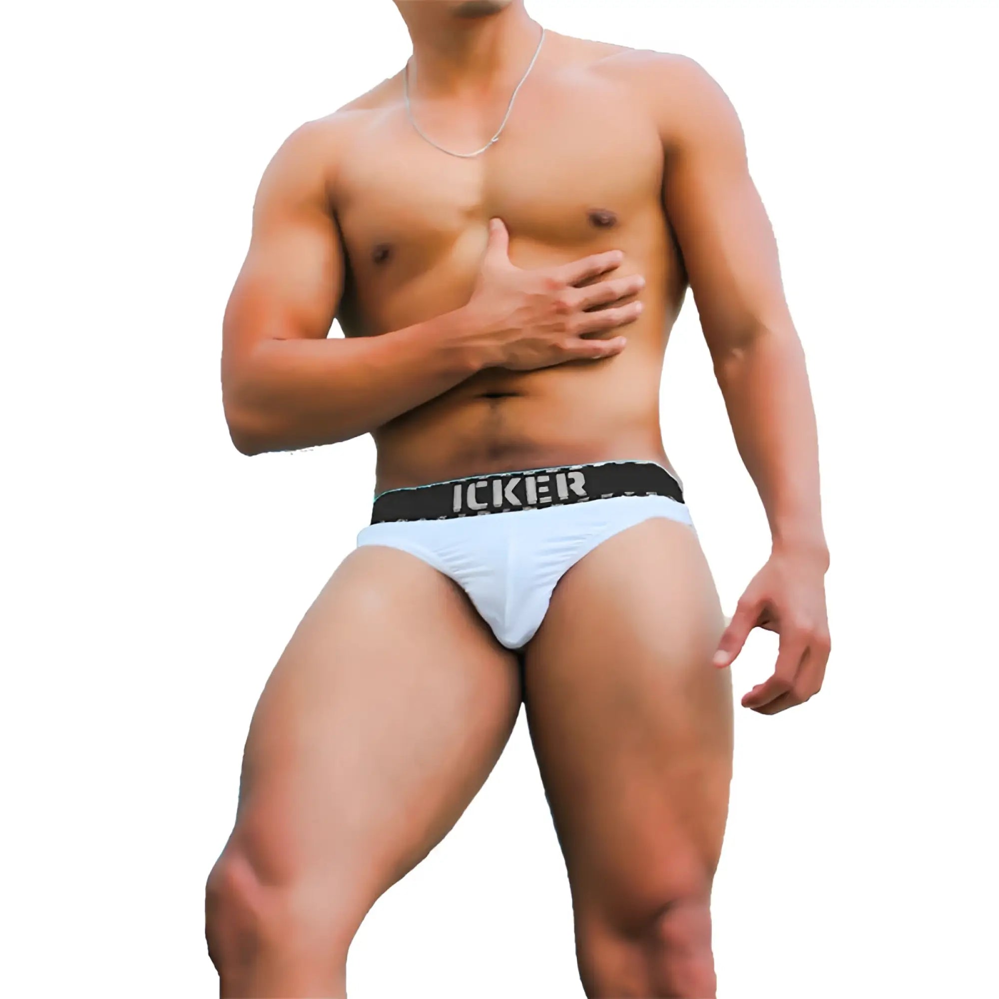 White icker sea kiss my ass brief underwear in cotton with black waistband featuring white lettering front view