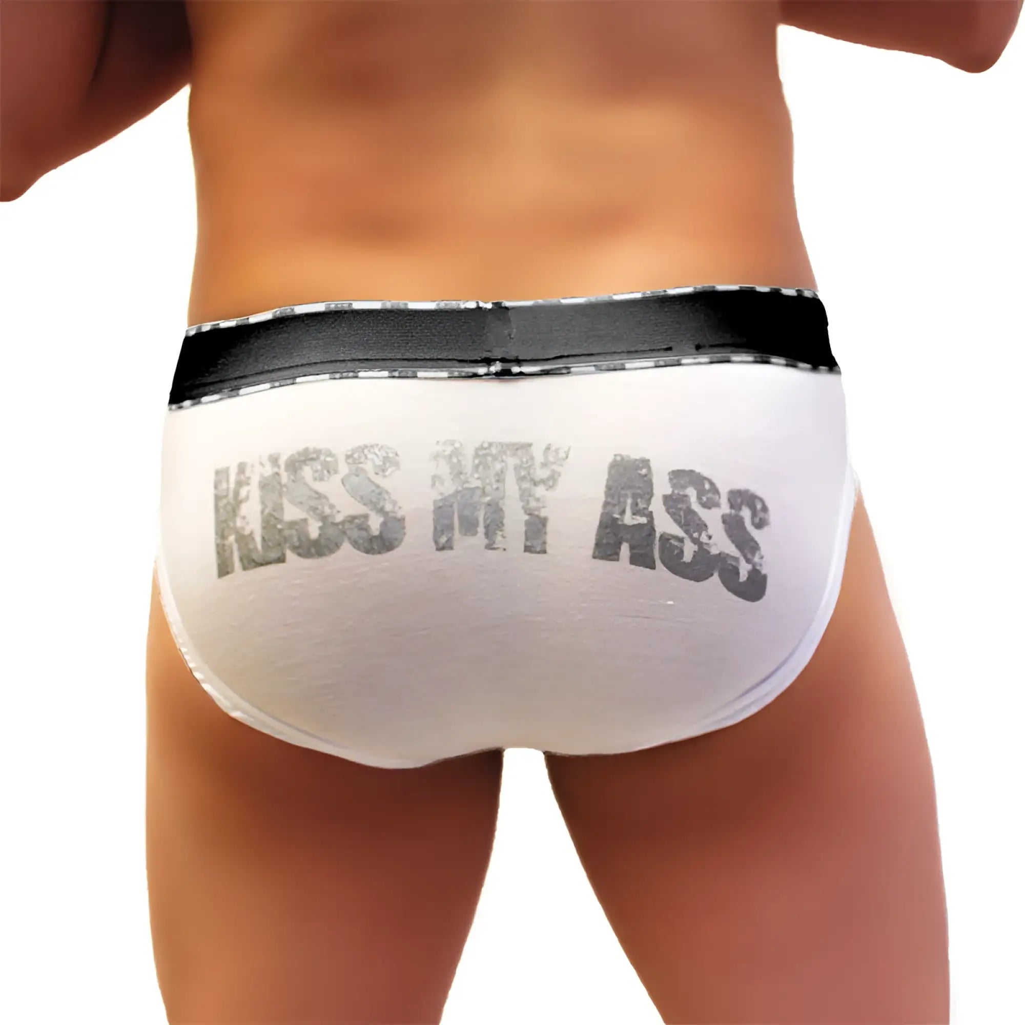 White briefs with black waistband and distressed gray kiss my ass print by icker sea COI-21-04