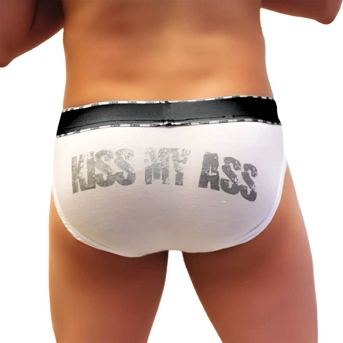 White briefs with black waistband and distressed gray kiss my ass print by icker sea COI-21-04