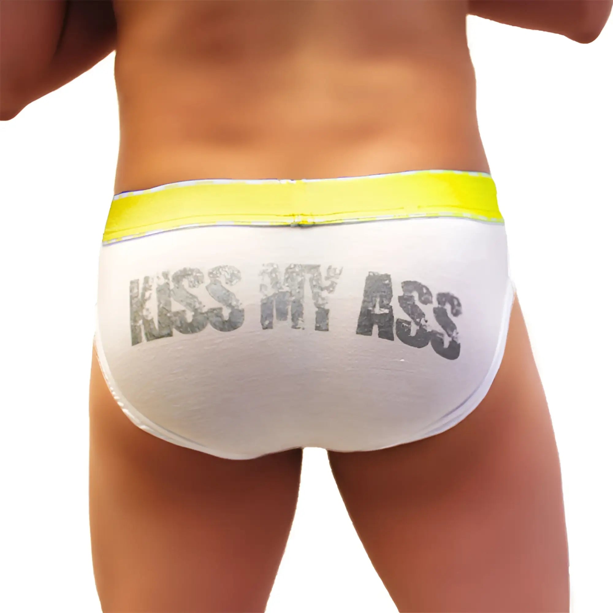 White briefs with bright yellow waistband and kiss my ass distressed gray print from icker sea mango COI-21-04