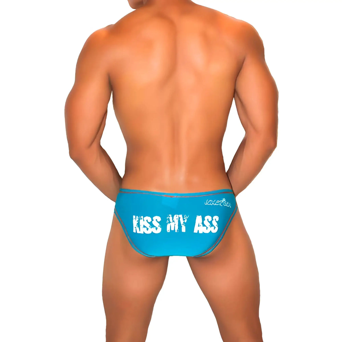 Bright blue jaxx men’s swim trunks with bold white kiss my ass text on the back in icker sea contrast stitching bikini underwear