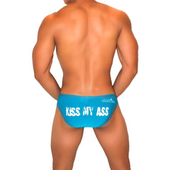 Bright blue jaxx men’s swim trunks with bold white kiss my ass text on the back in icker sea contrast stitching bikini underwear