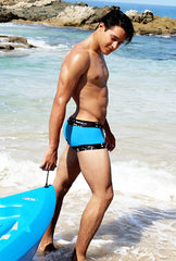 Icker sea lace up contrast square cut trunk swimwear in blue with a black patterned waistband for swimming