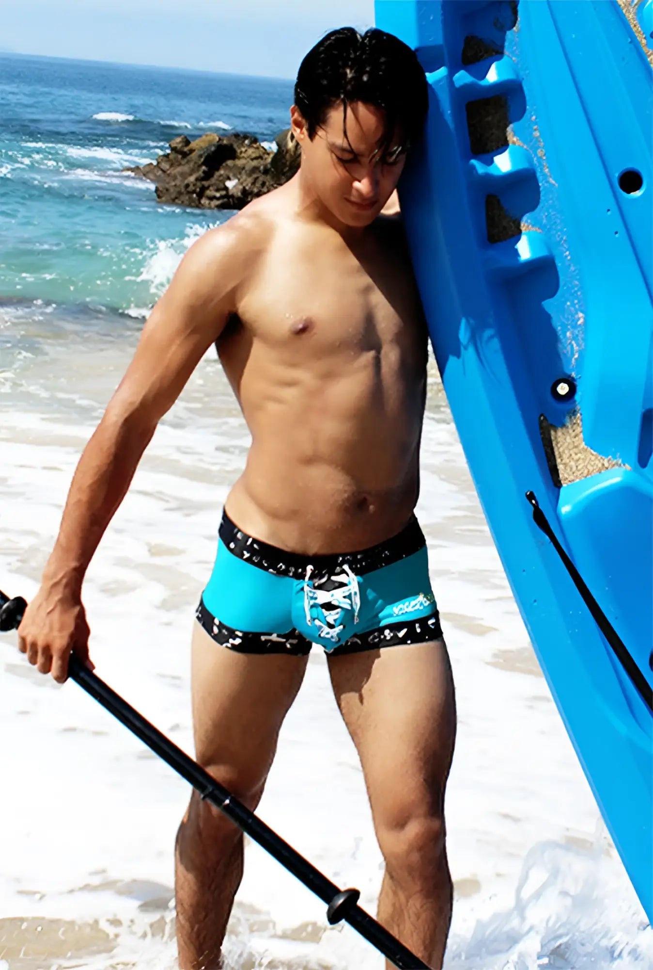 Icker Sea lace up contrast square cut trunk swimwear in blue and black with a lace-up front design