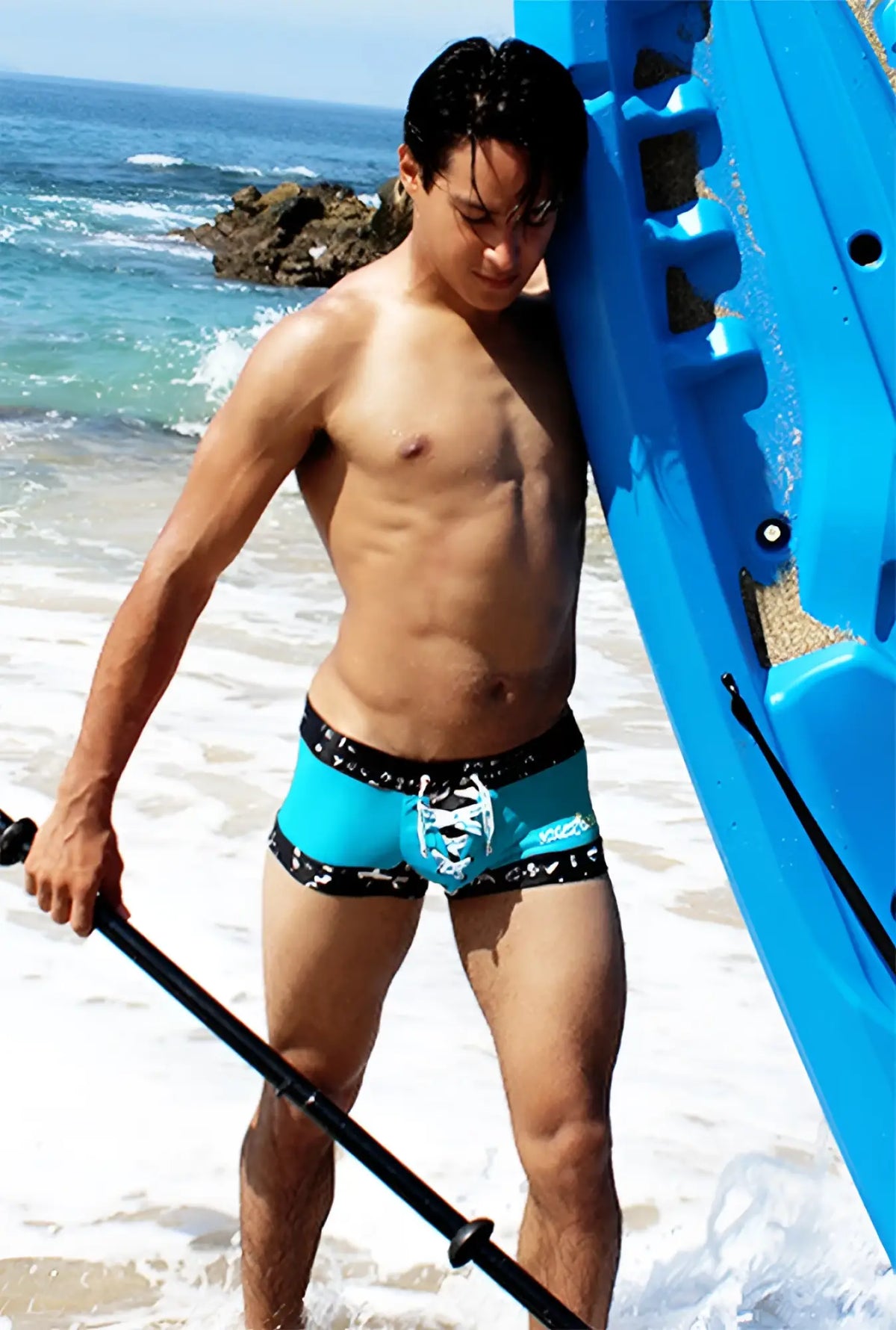 Icker Sea lace up contrast square cut trunk swimwear in blue and black with a lace-up front design