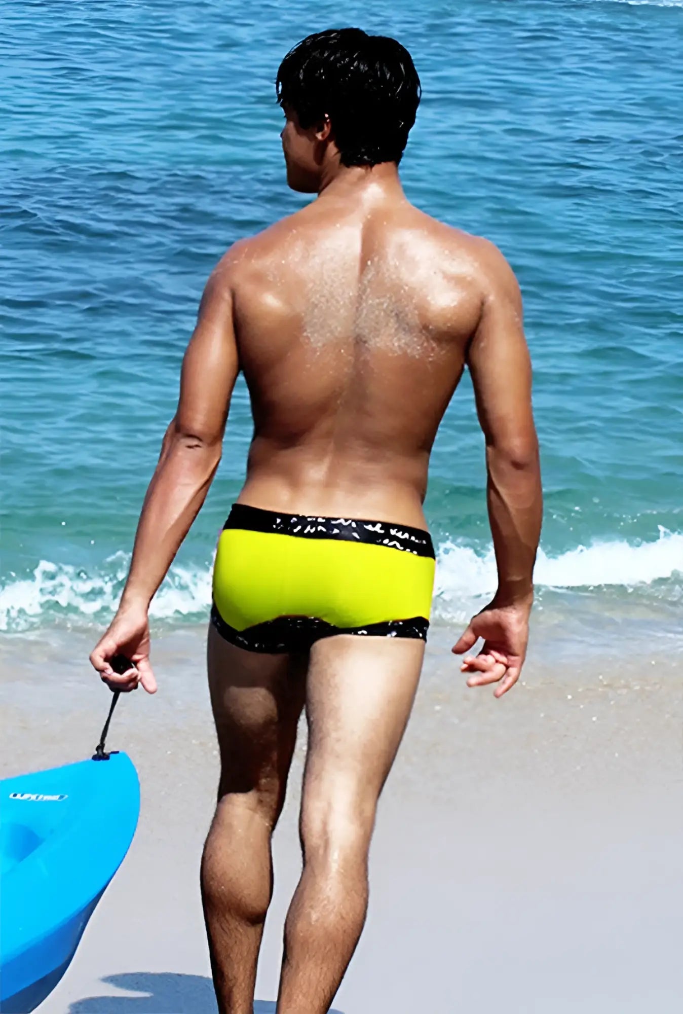 Icker Sea lace up contrast square cut swim trunks in bright mango with black patterned waistband for beachwear