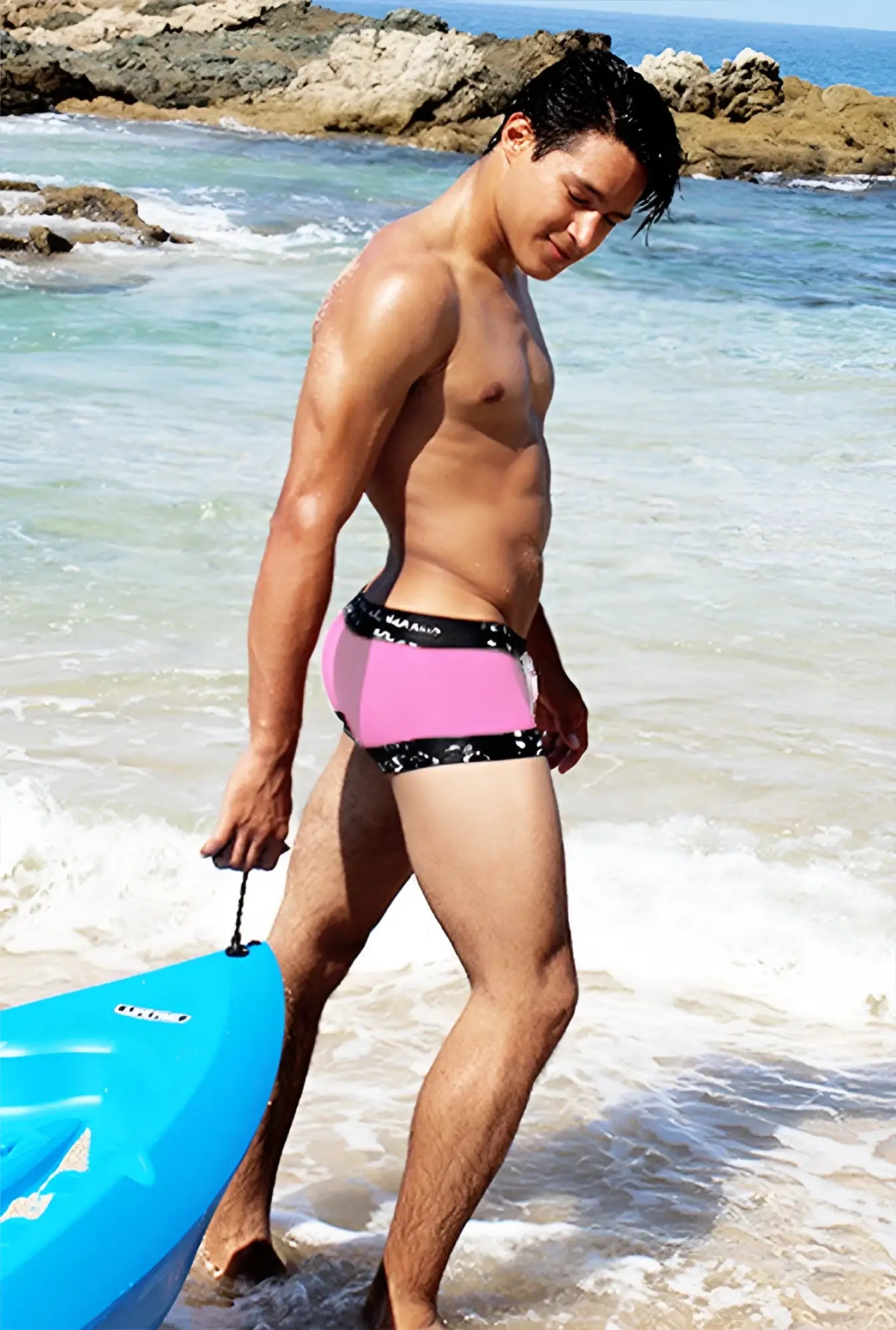 Icker Sea lace up contrast square cut trunk swimwear in pink with black patterned trim for men