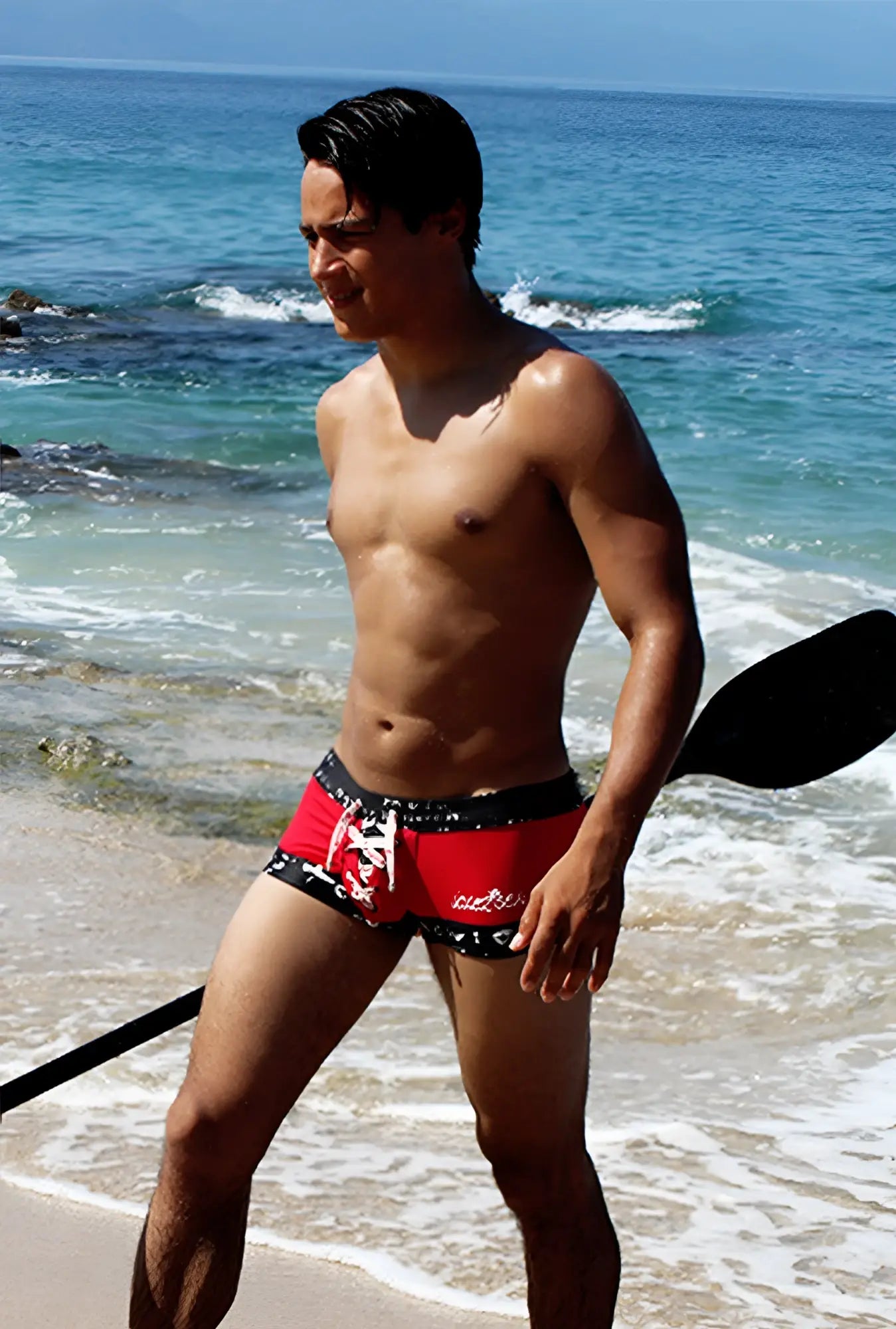Icker Sea lace up contrast square cut trunk swimwear in red and black with a white logo on the side