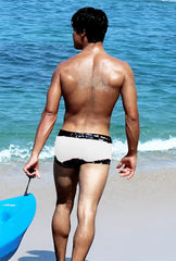 White Icker Sea lace up square cut swim trunks with black patterned trim for beachwear and swimming