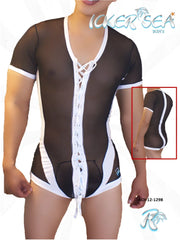 Icker sea black sheer lace up front mesh bodysuit with short sleeves and v neckline
