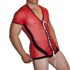 Icker Sea lace up front mesh bodysuit red with black trim and white lacing down the front in sheer material
