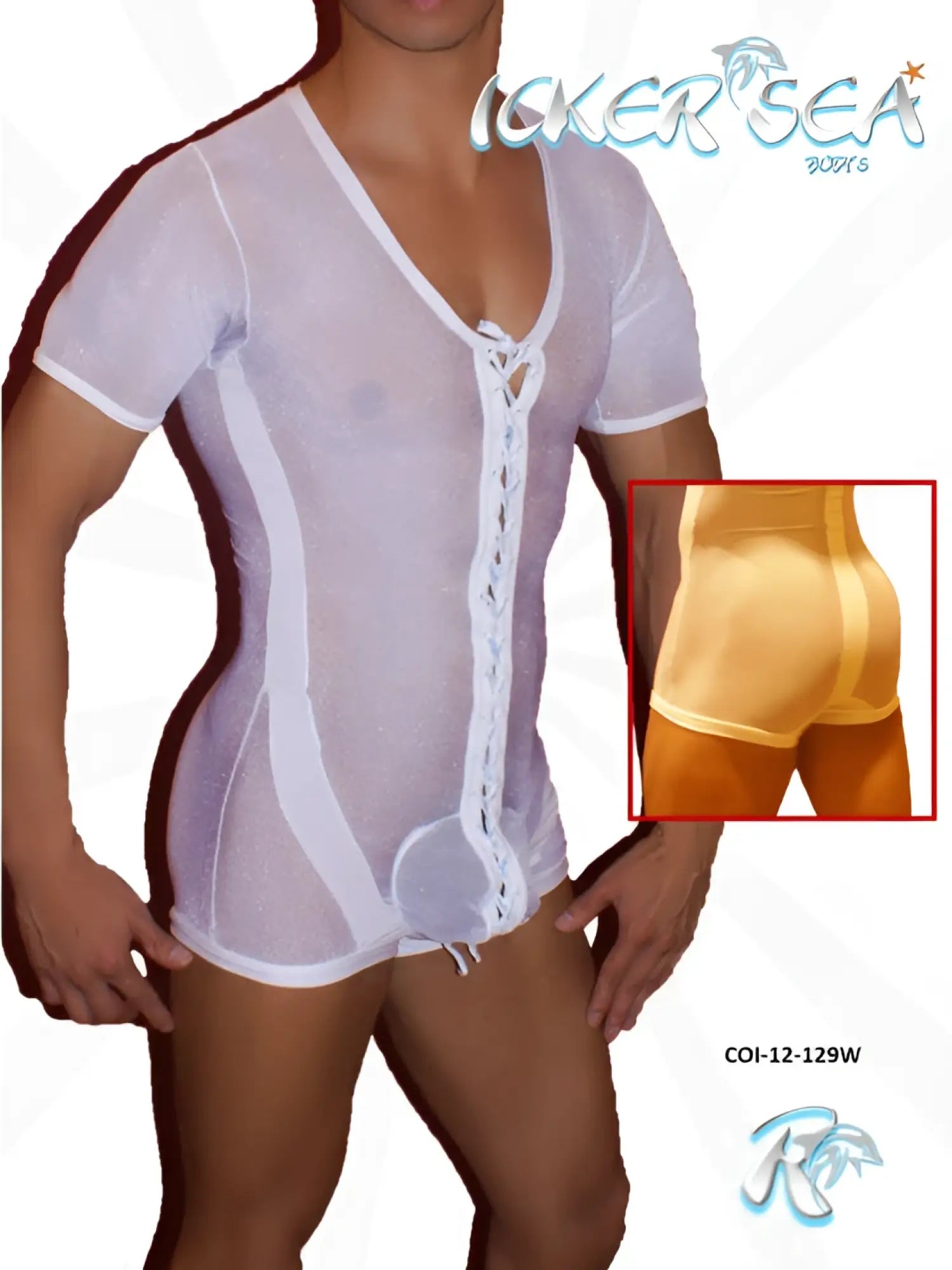 White sheer lace-up front mesh bodysuit with white trim and v-neckline by icker sea model COI-12-129W