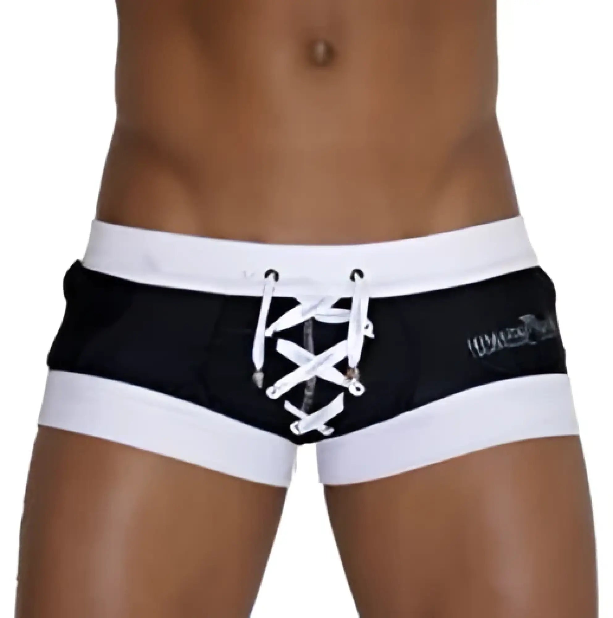 Black and white square cut Icker Sea legs shoe lace pouch swim trunks with lace-up front detail for mens swimwear