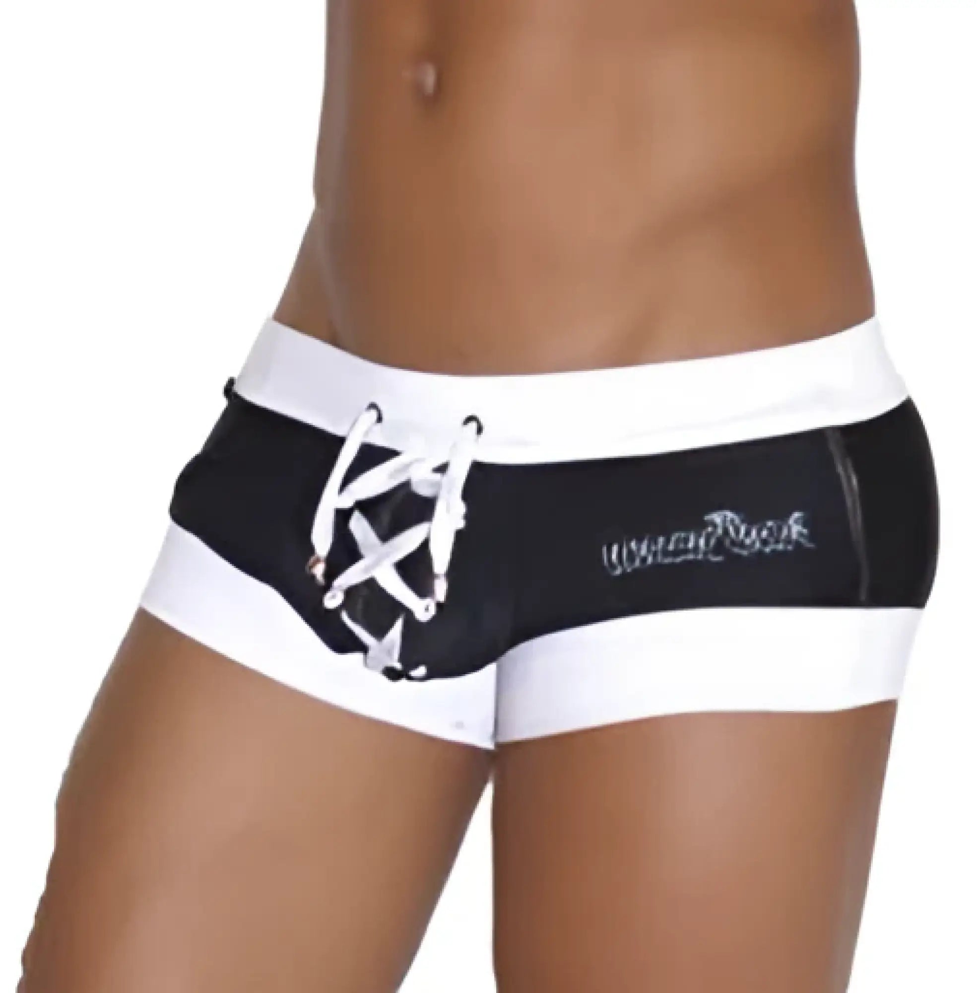 Black and white lace-up swim trunks with branded logo side pouch from icker sea legs shoe lace pouch square cut trunk swimwear