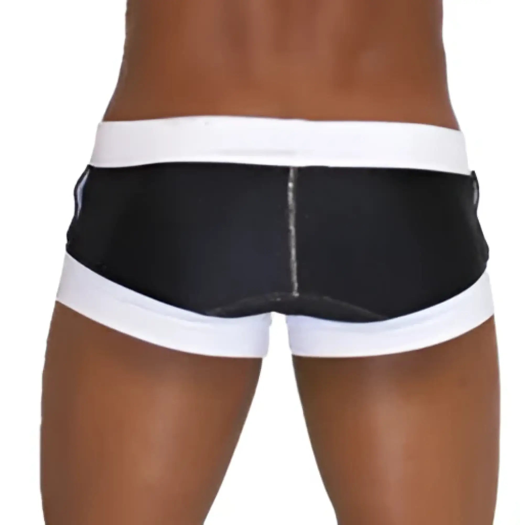 Black and white sleek modern icker sea legs shoe lace pouch square cut trunk swimwear for swimming and beachwear
