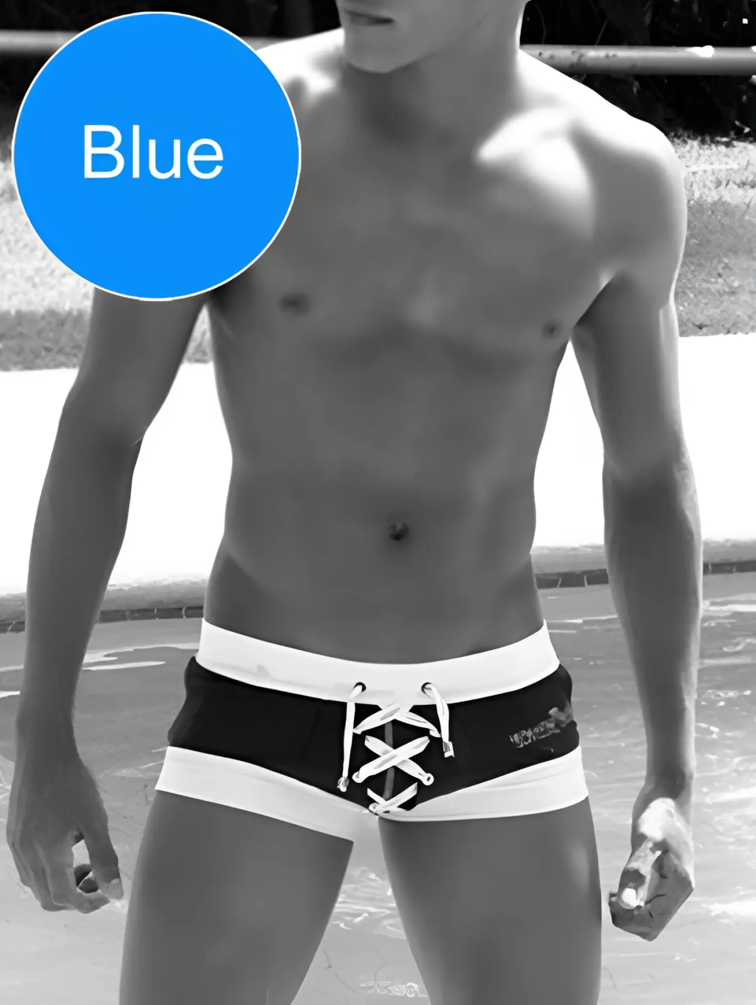 Black and white Icker Sea Legs lace-up swim trunks with square cut design for beachwear and swimming