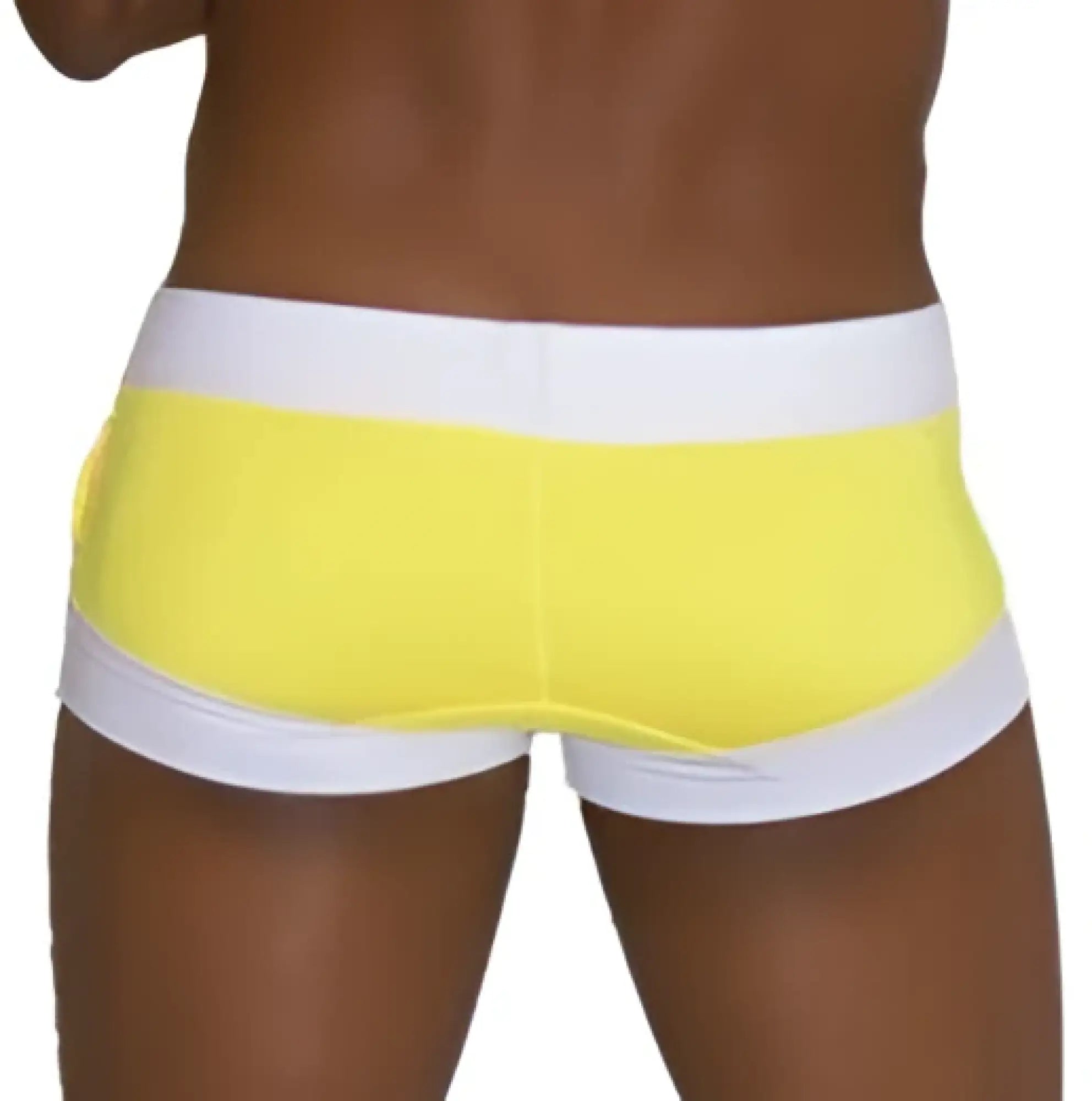 Bright yellow icker sea legs shoe lace pouch square cut trunk swimwear with white elastic waistband and side stripes