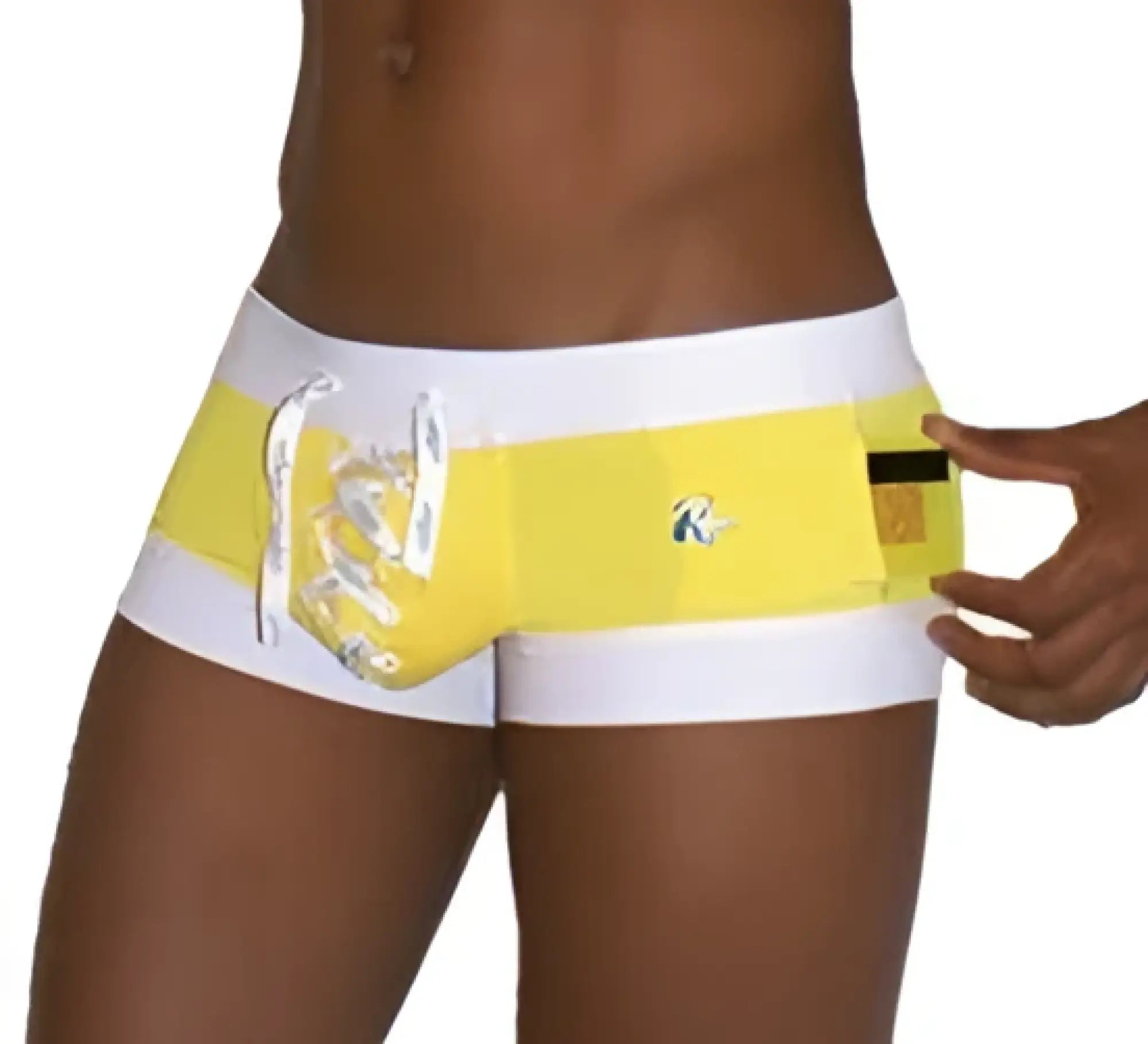 Yellow and white Icker sea legs square cut swim trunks with shiny silver dragon design in mango COB-13-44 style
