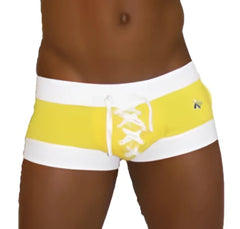 Yellow and white striped lace-up front swim trunks from icker sea legs mango square cut trunk swimwear collection