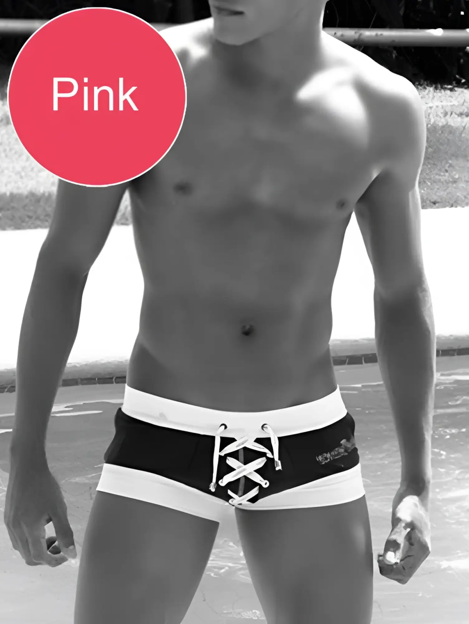Black and white square cut swim trunks by icker sea legs with lace-up front detail for stylish beachwear