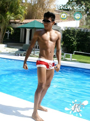 Icker Sea legs red and white swim trunks with lace-up front and square cut design for beachwear